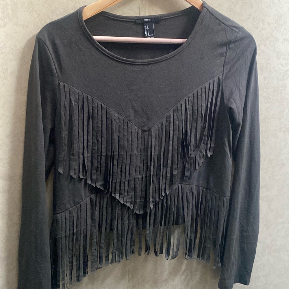 Suede long sleeve crop top fringe forest green size small